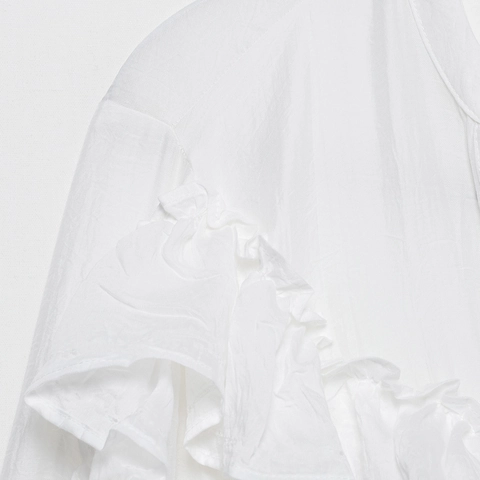 Women Blouse Polyester Ruffle Detail V-Neck Long Sleeve Elegant Office Work Solid White Top