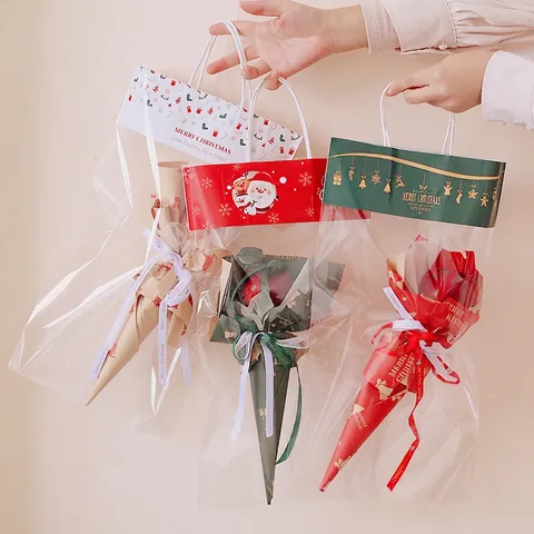 Kerstcadeauzakjes Transparante Boeket Verpakkingszakken Voor Bloemen Cadeaus Kerstman Rendier Patronen Plastic