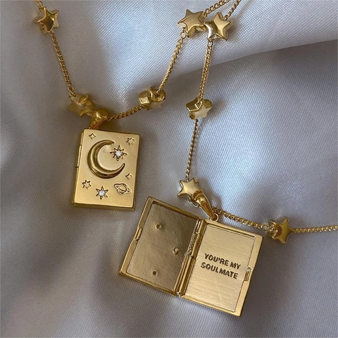 Copper Locket Necklace Book Envelope Pendant Engraved You Are My Soulmate Zircon Vintage Jewelry For Women