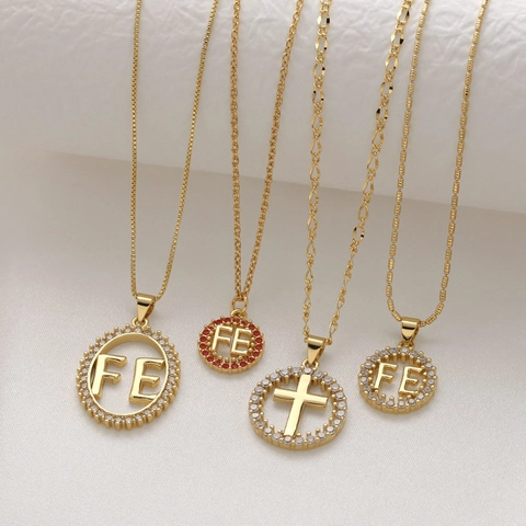Copper Gold Plated Pendant Necklace With Cubic Zirconia Cross Letter FE Design Fashion Jewelry