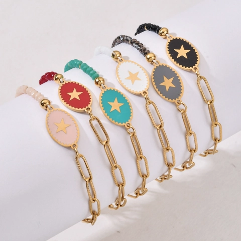 Bohemian Edelstahl Stern Anhänger Büroklammerkette Armband Für Damen Handgemachte Kristall Perlen Vergoldet Mode Schmuck