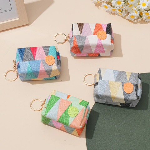 Mini Porte-monnaie Cuir PU Motif Géométrique Petit Portefeuille Avec Porte-clés Fermeture Éclair Pour Femmes Filles