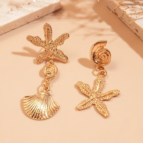 Asymmetric Ocean Drop Earrings Alloy Shell Starfish With 925 Sterling Silver Earring Post Beach Jewelry For Women
