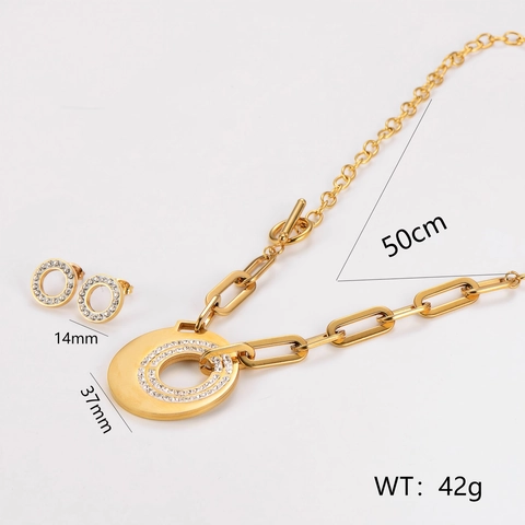 Elegant Necklace And Earrings Set 18K Gold Plated Stainless Steel Rhinestone Hollow Circle Pendant Paperclip Chain T-Bar