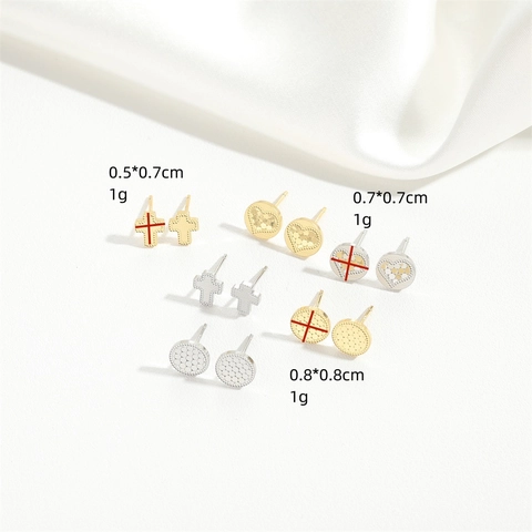 Orecchini a Bottone Geometrici Vintage Francesi Con Perno in Argento Sterling 925 Croce di Rame Cuore Tondo Gioielli Donna
