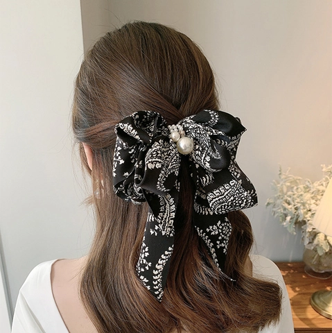 Pinza De Pelo Con Lazo Grande Y Perlas Artificiales De Imitación Tela Pata De Gallo Paisley Leopardo Retro Para Mujeres