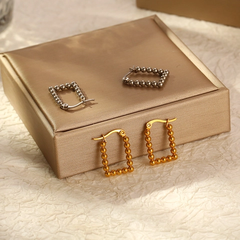 Pendientes De Aro Rectangulares De Acero Inoxidable 18K Chapados En Oro Cuentas Soldadas Diseño Geométrico Joyería Para Mujeres