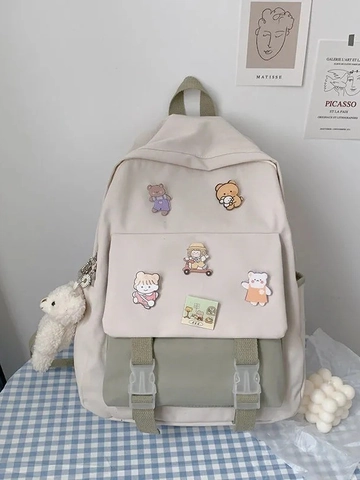 Koreaanse Stijl Color Block Rugzak Waterdicht Oxford Stof Schooltas Voor Meisjes Met Badges En Beer Hanger
