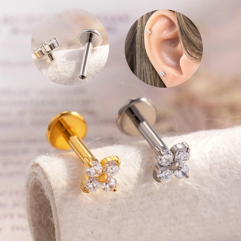 G23 Titanium Bloem Labret Stud Oorkraakbeen Ring Interne Draad Platte Achterkant Zirkoon Piercing Sieraden