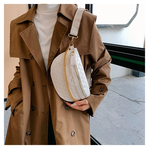 Riñonera Acolchada De Cuero PU Para Mujer Cadena Dorada Correa Ancha Moda Bolso De Pecho Cruzado Forma De Dumpling