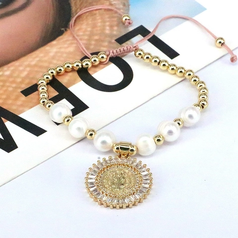 Bracciale Con Perle D'acqua Dolce E Grani Di Rame Con Stella In Zircone Croce Maria Pendente Religioso Cordino Regolabile Per Donna