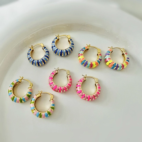 Orecchini A Cerchio In Smalto A Righe Per Donne Rame Colorato Macaron Arcobaleno Geometrico Ovale Forma U Gioielli