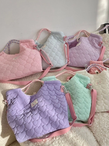 Quilted Polyester Heart Pattern Crossbody Bag With Braided Handle Sweet Large Capacity Tote Handbag For Daily School Use