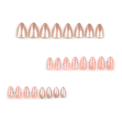 Mandelform Press On Nägel Nude Rosa Blumenmuster Mit Goldenem Glitzer Elegant Full Cover Für Damen Frischer Stil