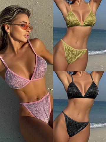 Sequined Halter Bikini Top And Triangle Bottoms Polyester Spandex Sexy Sparkly Beachwear Swimsuit For Women Vacation