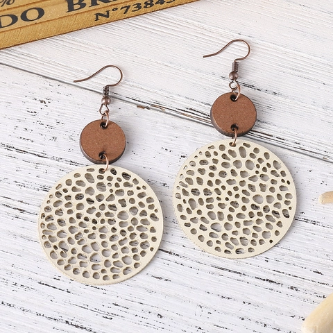 Boho Vintage Geometrische Runde Holz Ohrhänger Für Damen Ethno Stil Edelstahl Haken Schmuck