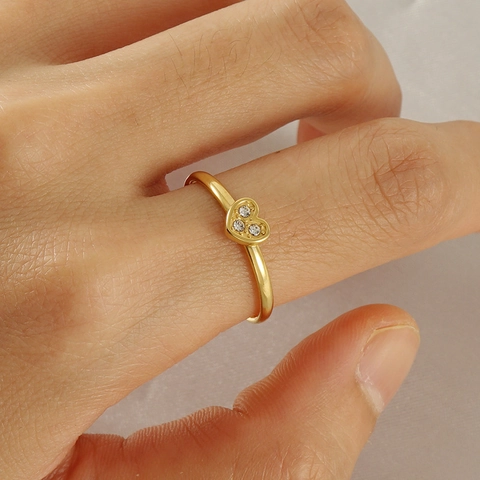 Stainless Steel Heart Shape Ring Rhinestone Adjustable Gold Plated Elegant Jewelry Women Fashion