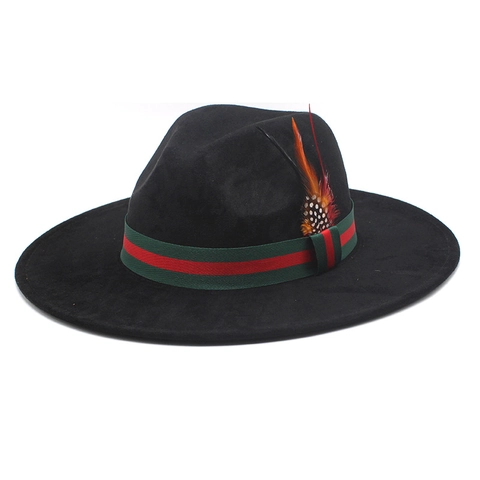 Vintage Wide Brim Fedora Hat Suede-Like Polyester With Feather Striped Webbing Western Cowboy Style Sun Protection Jazz