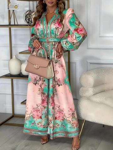 Floral Printed Maxi Dress Polyester Elegant V Neck Long Sleeve Button Up High Waist Bohemian Style For Women