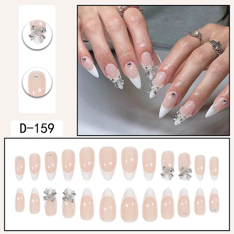 Unghie Finte French Tip Forma Mandorla Nudo Rosa Bianco Con Fiocco Argento 3D Perla Artificial Strass Manicure