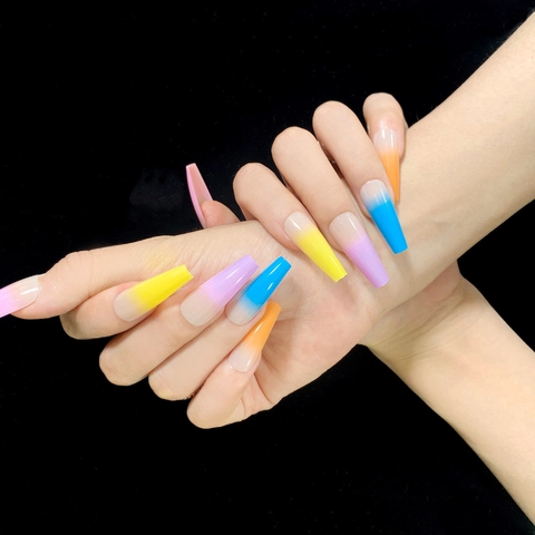 Press On Nails Long Coffin Shape Gradient Rainbow Colors Full Cover Artificial False Nails Glossy Simple Style Manicure