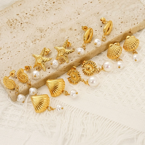 Ocean Theme Flower Drop Earrings 18K Gold Plated 304 Stainless Steel Shell Starfish Artificial Pearl Waterproof Hypoallergenic Jewelry