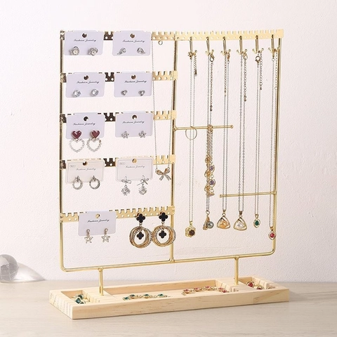 Jewelry Display Stand Metal And Wood Organizer Rack For Earrings Necklaces Bracelets Rings Multi Functional Elegant
