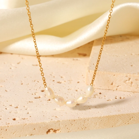 Collier Perle Eau Douce Luxe Français Acier Inoxydable Plaqué Or 18 Carats Chaîne Clavicule Perle Baroque Pour Femme Accessoire Élégant