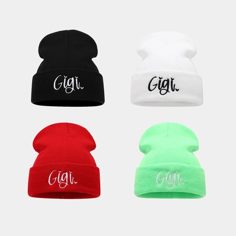 Gigi Letter Embroidery Beanie Hat Acrylic Knitted Cuffed Ribbed Cap Winter Warm Windproof Solid Color Chic For Women