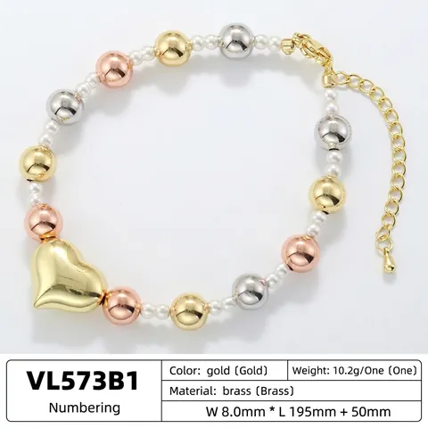 Élégant Parure de Bijoux en Cuivre Perle Artificielle Cœur pour Femme Bracelet Collier en Perles Tricolores Accessoire Mode