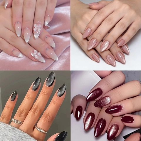 Uñas Postizas Press On Cat Eye Larga Forma Almendra ABS Uñas Artificiales Para Mujeres Manicura Diaria Elegante Minimalista