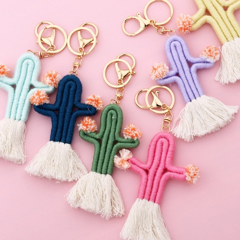 Portachiavi Cactus Intrecciato A Mano Filo Di Cotone Nappa Pom Pom Bohemia Pendente Per Borsa
