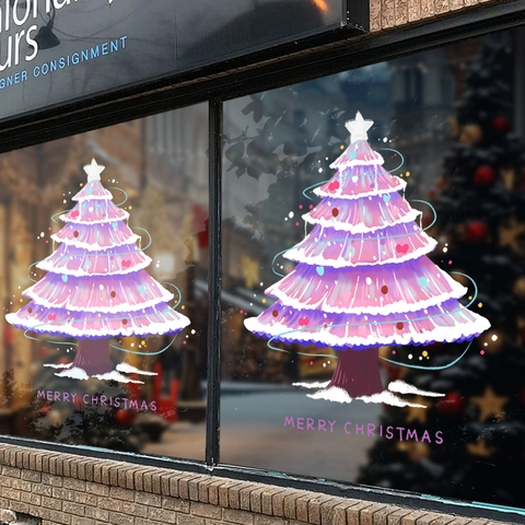 Pink Purple Christmas Tree Window Clings Static PVC Stickers Reusable Glass Decals For Holiday Home Shop Decoration