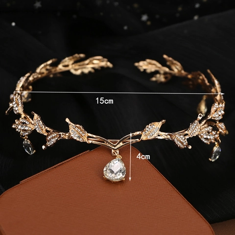 Corona de Novia con Diamantes de Imitación Hoja de Bosque Tiara Estilo Exótico Colgante de Frente de Gota de Agua Accesorios de Boda
