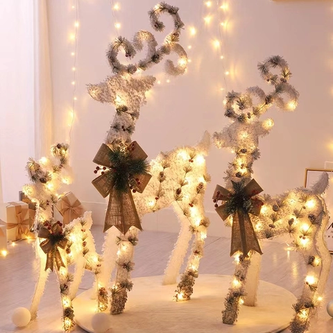 Glowing Flocked Christmas Reindeer Tree Ornament LED Light Decor Warm White For Home Indoor Holiday Party Winter Atmosphere