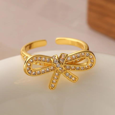 Eleganter Schleifenring Für Damen Kupfer Vergoldet Mit Zirkonia Verstellbarer Offener Fingerring Süßer INS Stil