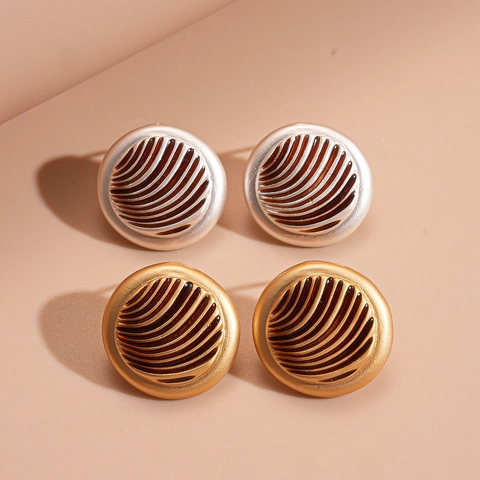 Vintage Round Stud Earrings Geometric Wavy Texture Copper Enamel With 925 Sterling Silver Earring Post For Women