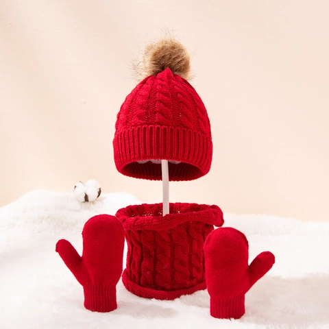 Kinder Winter Strickmütze Schal Und Fäustlinge Zopfmuster Acryl Mit Kunstpelz Bommel Warm Winddicht Draußen