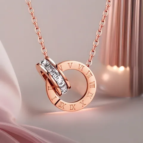Interlocking Rings Necklace Stainless Steel With Cubic Zirconia Roman Numerals Elegant Jewelry For Women