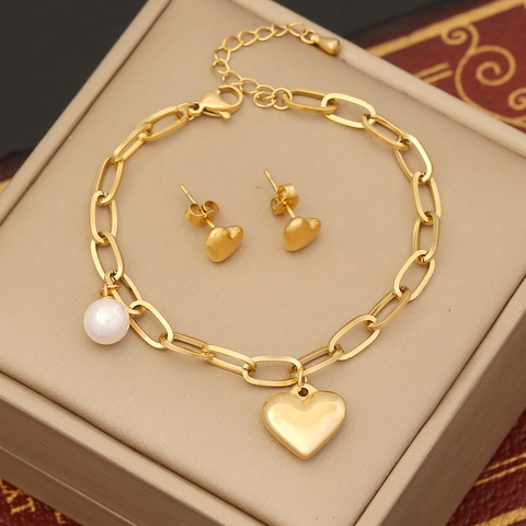 Heart Pendant Stainless Steel Jewelry Necklace Bracelet Earrings Faux Artificial Pearl Elegant Trendy Double Layer For Women Love Inscribed