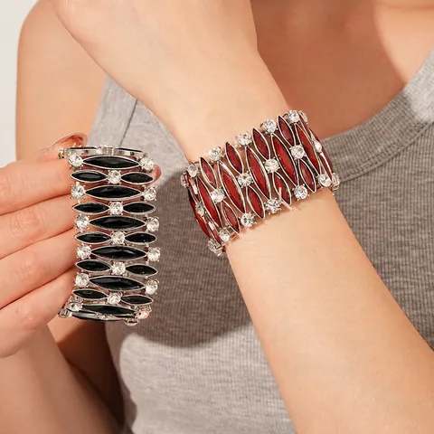 Vintage Wide Elastic Bracelet Luxury Alloy Rhinestone Marquise Resin Geometric Jewelry For Women Gift Accessory