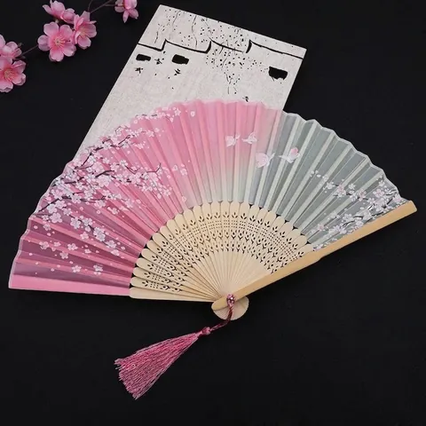 Chinese Japanese Style Folding Hand Fan Satin Bamboo Frame With Tassel Women Dance Wedding Party Home Decor Accessory