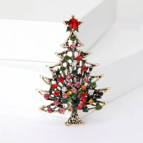 Vintage Christmas Tree Brooch Alloy Colorful Rhinestone Pins For Women Holiday Party Apparel Accessories