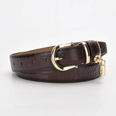 Cinturón Cuero Vaca Patrón Cocodrilo Mujer Hebilla Pasador Herradura Mini Colgante Candado Elegante Moda