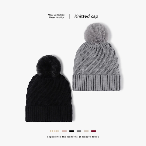 Berretto Invernale Da Donna In Maglia Acrilica Pompon Pelliccia Sintetica Foderato Pile Caldo Outdoor Motivo Spirale