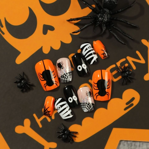 Halloween Press On Nails Square Long Spider Web Mummy Eye Pattern Orange Black White Resin Fake Nails For Women