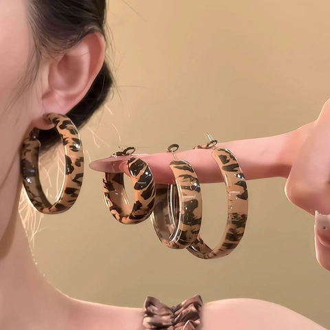 Vintage Leopard Print Acetate Hoop Earrings Geometric Style With 925 Sterling Silver Earring Post