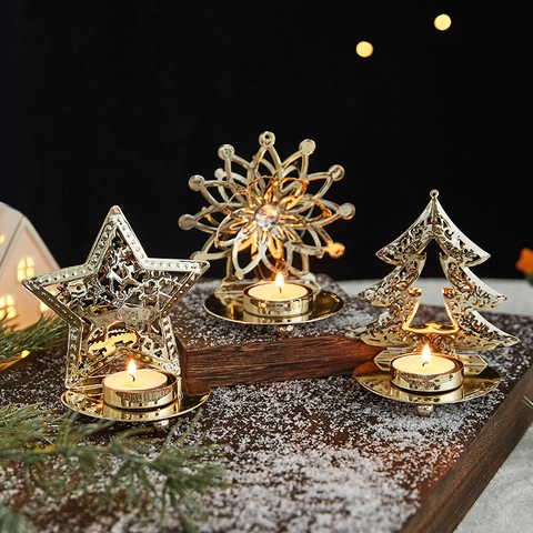 Christmas Gold Metal Tealight Candle Holder Hollow Snowflake Star Tree Tabletop Decorative Festive Atmosphere Ornament