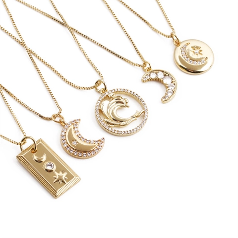 Celestial Star Moon Sun Pendant Necklace Copper Gold Plated With Zircon Minimalist Tarot Style Box Chain For Women