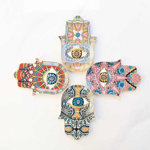 Bandeja Joyas Cerámica Mano De Fátima Plato Evil Eye Mandala Borde Dorado Decoración Hogar Bohemio Organizador Almacenaje